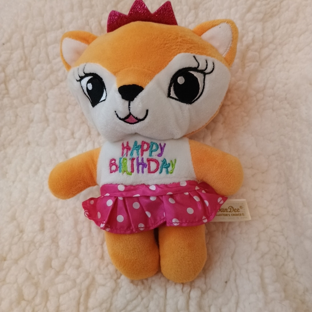 DanDee 10" Happy Birthday Orange Fox Plush Pink Outfit Sparkly Crown GUC